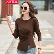 衣領(lǐng)飄飄時(shí)尚韓版設計感收腰開(kāi)叉純色打底衫女裝長(cháng)袖T恤上衣春秋體恤衣服 咖啡色 M(95-105斤)