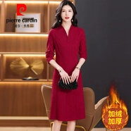 皮爾卡丹女裝連衣裙子2025新款春秋冬喜婆婆婚宴裝媽媽禮服感針織 紅色(加絨) L 【建議106-115斤】