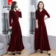 皮爾卡丹（pierre cardin）官方高端2025春秋冬季新款金絲絨連衣裙長(cháng)款修身氣質(zhì)長(cháng)袖大碼秋裝 品牌旗艦酒紅色 XL (建議 120-130斤)