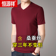 恒源祥（HYX）短袖t恤V領(lǐng)桑蠶絲品牌男裝純色真絲半袖體恤雞心領(lǐng)冰 絲上衣男裝t BP-9646V領(lǐng) 紅色 180=XXL建議(160-170斤)