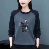 巖霓100%純棉長(cháng)袖t恤女中年圓領(lǐng)拼接印花2025春秋新款上衣寬松打底衫 灰色蝴蝶 M 【建議100斤內】