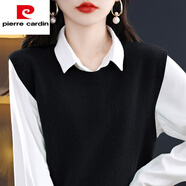 皮爾卡丹（pierre cardin）春秋新款圓領(lǐng)馬甲坎肩女搭配襯衣穿無(wú)袖毛衣針織背心女坎肩內搭高 黑色 2XL