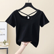 在禮白色t恤女夏裝2025新款修身大領(lǐng)口低領(lǐng)u領(lǐng)露背短袖上衣ins潮 黑色T800 M