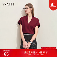 AMII女裝2025夏季新款氣質(zhì)V領連肩短袖T恤女純色直筒支彈力女上衣 波爾多紅 L