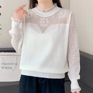 蕾絲半高領(lǐng)網(wǎng)紗袖拼接毛衣女2025春秋新款鏤空釘珠薄款針織打底衫 白色 M 建議96-105斤