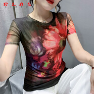 RLAS素雅花色印花網(wǎng)紗t恤女短袖歐洲站夏季時(shí)尚修身顯瘦上衣洋氣小衫 9960# 圓領(lǐng) XL