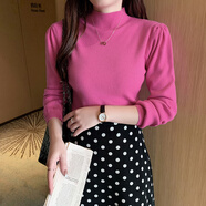 皮爾卡丹（pierre cardin）半高領(lǐng)打底衫女秋冬內搭短袖針織衫毛衣2025春裝新款泡泡袖上衣 玫紅色長(cháng)*袖(8656) 均碼