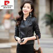 皮爾卡丹（pierre cardin）針織真皮皮衣女短款綿羊皮2025年春秋新款皮夾克矮個子韓版修身小 立領黑色加棉 M 建議80-90斤