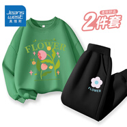 真維斯女童衛(wèi)衣薄款套裝2025新款兒童秋季圓領(lǐng)上衣休閑衛(wèi)褲中大童童裝潮 【薄款套裝】草綠（花）黑（花） 160