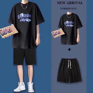 嘉曄（JIAYE）潮牌休閑運動(dòng)短袖短褲兩套夏季t恤套裝男潮男搭配一套衣服帥氣 T28+Z01黑T黑褲 5XL