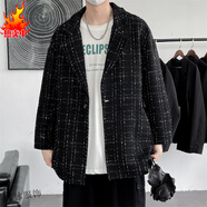 閱鄉(xiāng)胖子日系小香風(fēng)毛呢外套男大碼休閑痞帥工裝上衣秋季潮牌呢子夾克 西裝款黑色 L 120-140斤可穿