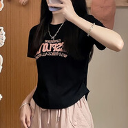 蝗裳一族純棉甜酷刺繡字母顯瘦收腰褶皺短款上衣新款風(fēng)奶系正肩短袖T恤女 黑色 純棉款 M建議90-100斤