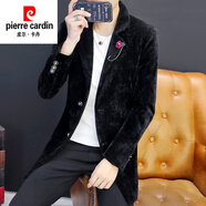 皮爾卡丹（pierre cardin）高檔男裝冬季風(fēng)衣男中長(cháng)款仿皮草西服帥氣修身加厚青年毛絨男外套 黑色 175/XL