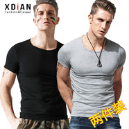 續(xù)點(diǎn) 短袖t恤男圓領(lǐng)夏修身健身緊身運(yùn)動(dòng)韓版休閑棉質(zhì)純色打底彈力汗衫 黑色+花灰色 XL 碼128-138斤左右修身版型