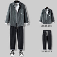 摘星少年衣服男燈芯絨外套男士套裝春秋加厚2024男裝一套夾克襯衫三件套 深灰兩件套外套+牛仔褲 S