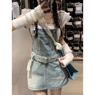 愛麥依復(fù)古收腰牛仔背帶裙女夏季2025年新款辣妹做舊顯瘦減齡a字連衣裙 藍(lán)色 XL 130-150斤