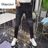 Maycaur高端香港潮牌男士牛仔褲帶鉆潮流刺繡印花燙鉆修身彈力小腳長(cháng)褲子 LX2897 黑色 29 (2尺2)