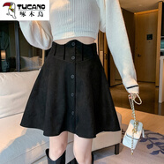 啄木鳥(niǎo)（TUCANO）大碼鹿皮絨半身裙女2025春秋新款胖mm遮肚子顯瘦高腰毛呢a字短裙 黑色 M