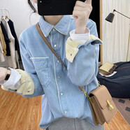 Lauaird韓國冬裝時(shí)尚精品加絨牛仔長(cháng)袖襯衫女式上衣2024翻領(lǐng)加厚保暖外套 淺藍色加絨加厚 2XL 建議140-160斤