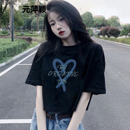 元萍穎短袖T恤女夏季打底上衣短款T恤女美式辣妹高腰短袖夏季露臍新款in 黑色 愛心字母 M 86-105斤