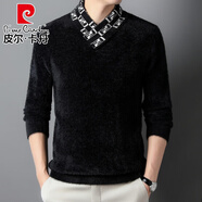 皮爾卡丹（pierre cardin）男士假兩件羊毛衫秋冬打底衫青年水貂絨毛衣男V領(lǐng)加厚一體絨線衣 黑色 XL