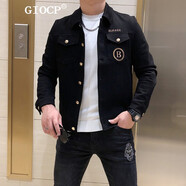GIOCP香港潮牌秋冬新款男士重工字母燙鉆外套男網(wǎng)紅潮流修身牛仔外套男 黑色 L