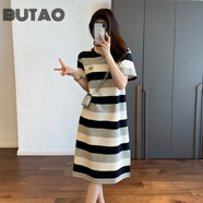 BUTAO女裝條紋連衣裙中長款寬松夏新品休閑顯瘦針織冰絲圓領(lǐng)T恤裙 條紋 S