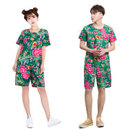 檸鑫焱東北大花布衣服夏季伴娘短袖t恤閨蜜派對(duì)二人轉(zhuǎn)演出服男女 綠色短袖+短褲 170（110-135斤）