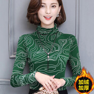 2019春裝韓版女高領加絨加厚網(wǎng)紗打底衫女長袖T恤保暖修身上衣服 斑馬線綠色 XL（110-125斤）