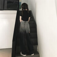 羋虹緣漸變色破洞牛仔褲女春季韓版ins高腰顯瘦寬松垂感直筒闊腿拖地褲 漸變黑升級款 XL【115-125斤】