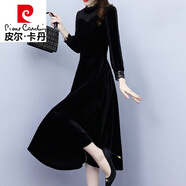 皮爾卡丹（pierre cardin）金絲絨連衣裙子女士春秋冬2023年新款高端氣質(zhì)洋氣打底高貴中長裙 黑色 《今年流行別致漂亮感》 2XL 130-140斤