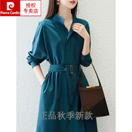 皮爾卡丹（pierre cardin）2025春秋長(cháng)袖連衣裙中長(cháng)款氣質(zhì)法式女裙子休閑襯衫裙高級感茶歇 綠色 M 建議105-115斤