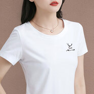 短袖女2025夏季新款修身顯瘦繡花女士上衣韓版圓領(lǐng)棉休閑白色t恤 8220321款白色 L 建議100-110斤