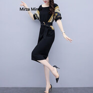Mirza Mirror冷淡風(fēng)職業(yè)裙夏裝新款女流行雪紡連衣裙收腰顯瘦氣質(zhì)印花名媛開叉 黑色 2XL