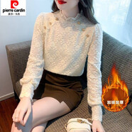 皮爾卡丹秋裝新款蕾絲衫女加絨打底衫女半高領(lǐng)襯衫洋氣時(shí)尚網(wǎng)紅上衣潮 杏色加絨 XL 115-125斤