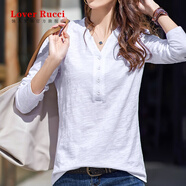LOVER RUCCI純棉長袖t恤女2025春裝新款寬松竹節(jié)棉小衫上衣春秋紐扣v領(lǐng)打底衫 白色 L
