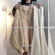 藏顏2023新款秋冬季溫柔系穿搭女一整套韓版寬松麻花毛衣魚尾裙兩件 卡其色針織毛衣+杏色魚尾裙 L 【建議100-120斤】