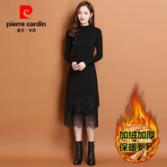 皮爾卡丹加絨加厚羊毛針織連衣裙女中長款過膝長裙秋冬韓版長袖蕾絲打底毛 【加絨加厚】黑色 M 建議95-105斤