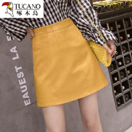 啄木鳥(niǎo)ins超火短裙2024秋冬新款綿羊皮真皮皮裙半身裙女字裙高腰短裙 黃色 XS 82斤到92斤