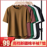 曦牧遙靈篤服飾短袖夏季男士色休閑半袖寬松大碼圓領T恤軛閼 咖色+西瓜紅 L [125-145斤]