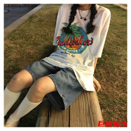 tromlfz闊腿牛仔短褲女夏季新款ins復(fù)古高腰寬松顯瘦學(xué)生直筒五分褲中褲 藍(lán)色+腰帶 L