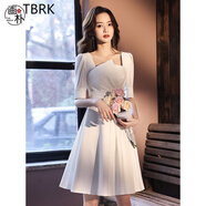 TBRK品牌女裝 方口領(lǐng)小禮服連衣裙女夏季新款時尚法式名媛設(shè)計感抽褶氣質(zhì)收腰顯瘦白色裙子 白色 S 【80-90斤以內(nèi)】