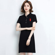 簡(jiǎn)馬仕保羅polo衫連衣裙女夏季新品中長(cháng)款短袖t恤女純棉翻領(lǐng)休閑氣質(zhì)裙子女 黑色 XL 建議120-130斤