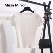 Mirza Mirror冰絲短袖t恤女夏季韓版木耳邊彈力休閑百搭大碼針織打底衫上衣 白色 大碼L（建議105-115斤穿）