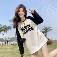 夾谷少女長(zhǎng)袖t恤小清新初中學(xué)生高中生中插肩春秋寬松秋拼色體恤上衣 黑白拼（） XL_120-140斤
