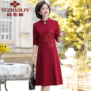 俞兆林（YUZHAOLIN）媽媽春裝紅色連衣裙女洋氣2025新款結(jié)婚禮服高貴喜婆婆婚宴裝裙子 紅色 XL 建議105-120斤