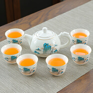 景德鎮(zhèn)懸停蓋碗三才茶碗羊脂玉功夫茶具套裝辦公家用泡茶壺白瓷禮盒 茶壺-錦繡江山套 7件