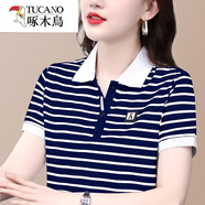 啄木鳥(niǎo)2025新款棉短袖t恤女橫條紋有翻領(lǐng)棉中年夏裝帶領(lǐng)上衣高端時(shí)尚 藍白細條紋P2247 L