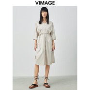 緯漫紀（VIMAGE）女裝秋季新款復古V領(lǐng)單排扣系帶中袖連衣裙女中長(cháng)款VC2107232 S (1)