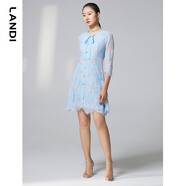 藍(lán)地（LANDI）系帶圓領(lǐng)撞色蕾絲連衣裙女春季新款七分袖收腰短裙 淺藍(lán)色 L